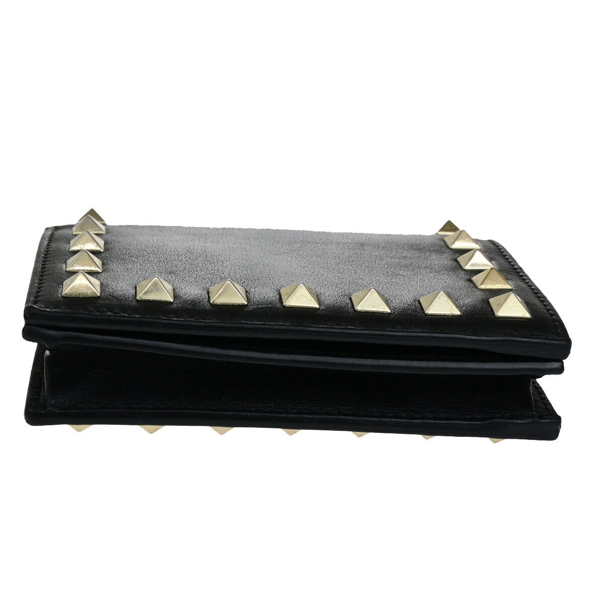 VALENTINO Logo Studs Compact Bifold Wallet Purse Leather Black GHW Italy 69YF968