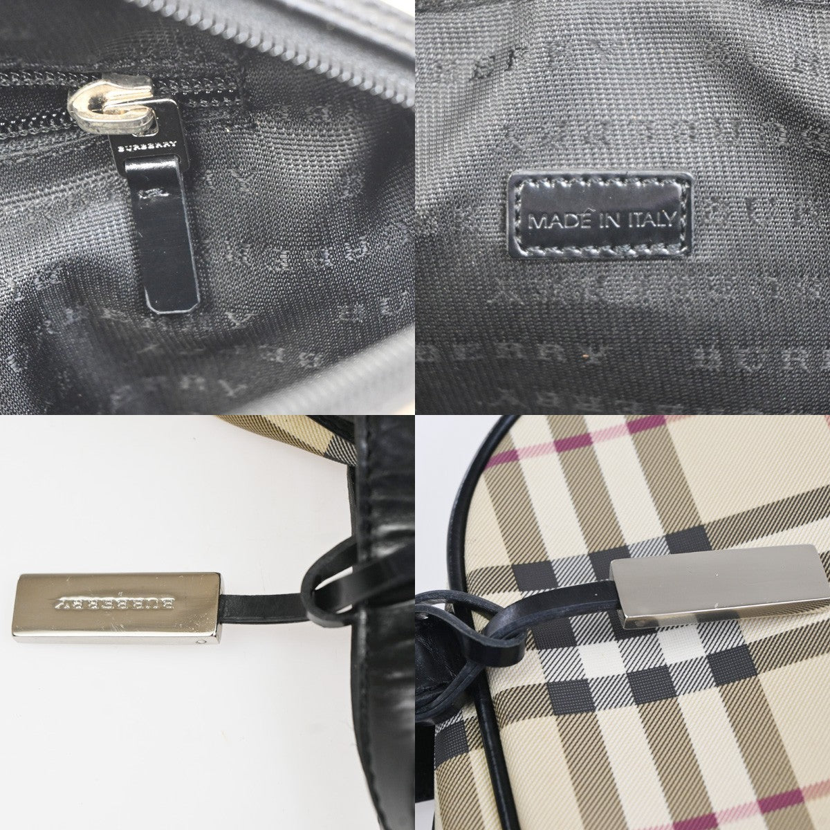 BURBERRY Logo Nova Check Pattern Hand Bag PVC Leather Black Beige SHW 31KD025