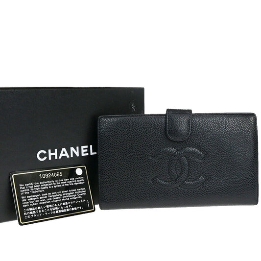 CHANEL CC Logo Long Bifold Wallet Purse Caviar Skin Leather Black GHW 33EB273