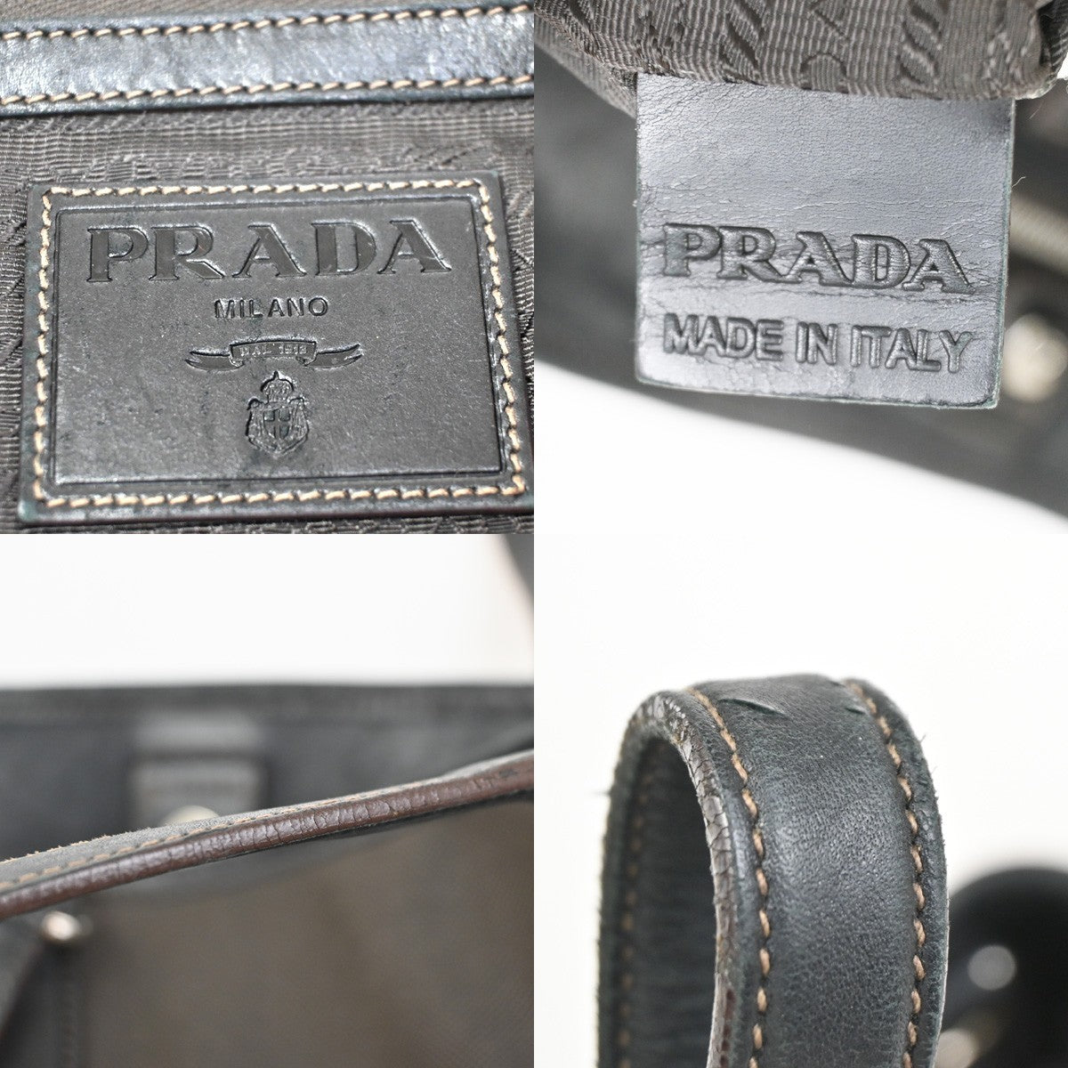 PRADA Logo Jacquard Shoulder Hand Bag Canvas Leather Brown Black GHW 64ZA263