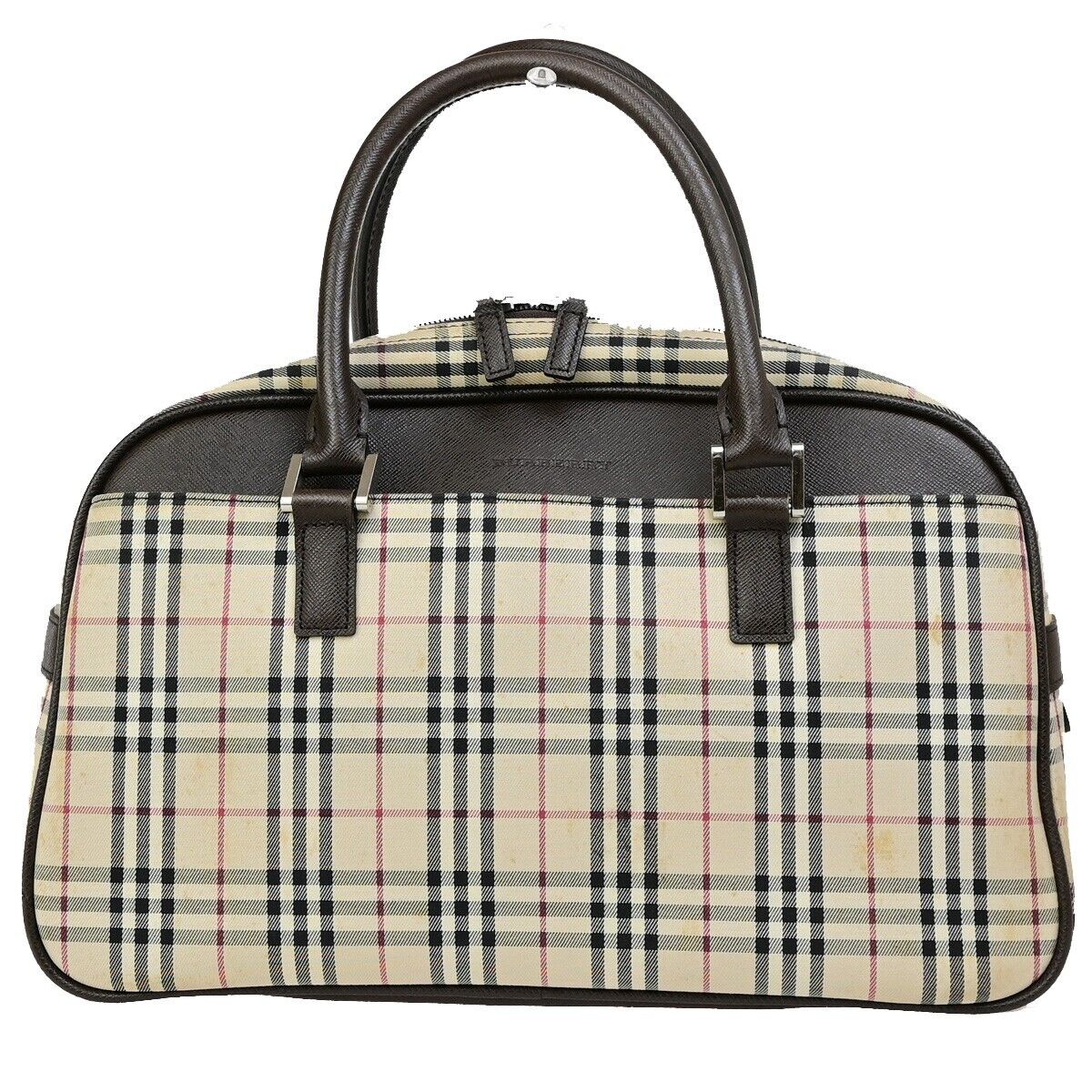 BURBERRY Logo Nova Check Hand Bag Canvas Leather Beige Brown Silver 63KA488