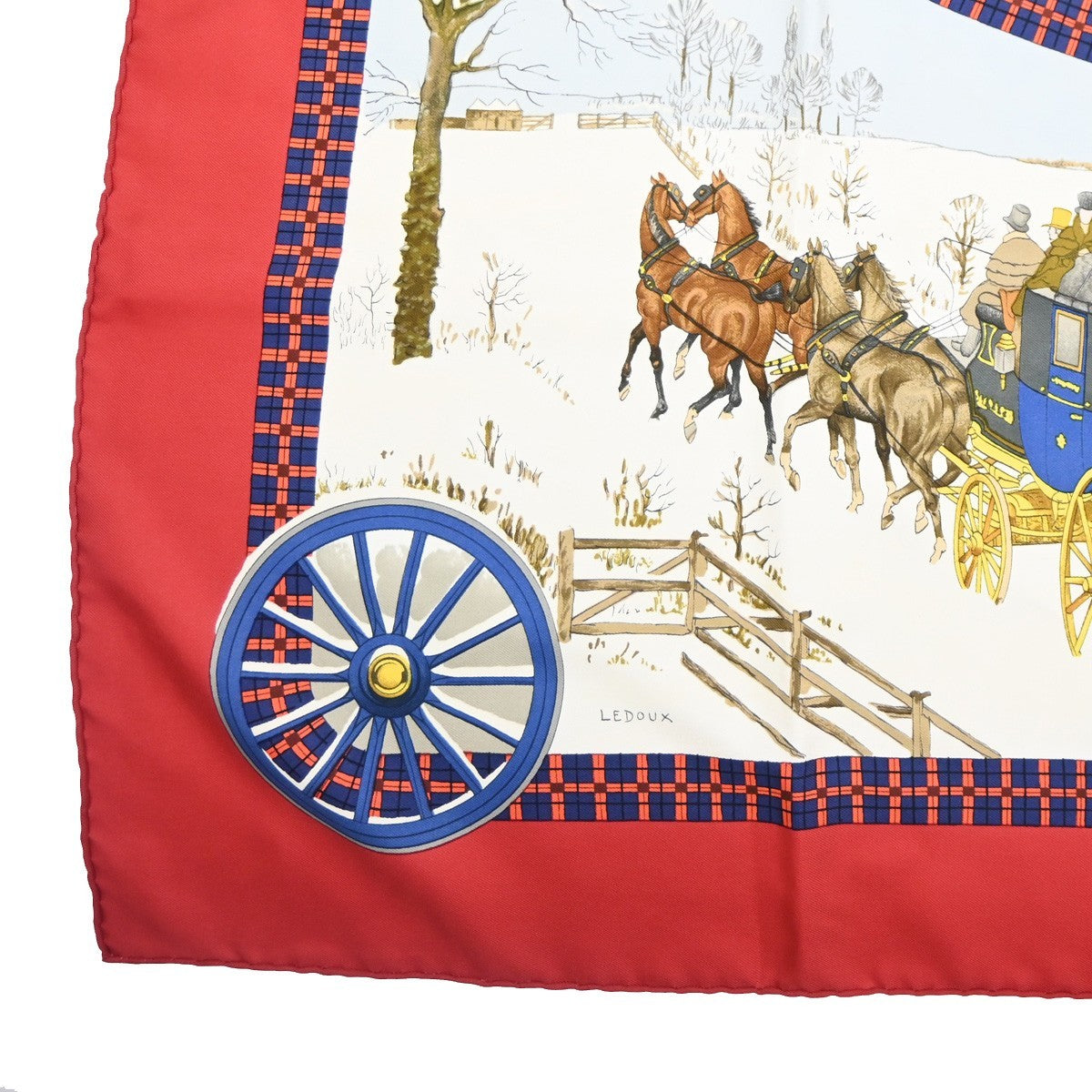 HERMES XL Carre l'Hiver en Poste Ledoux Scarf 100% Silk Red White 63RL907