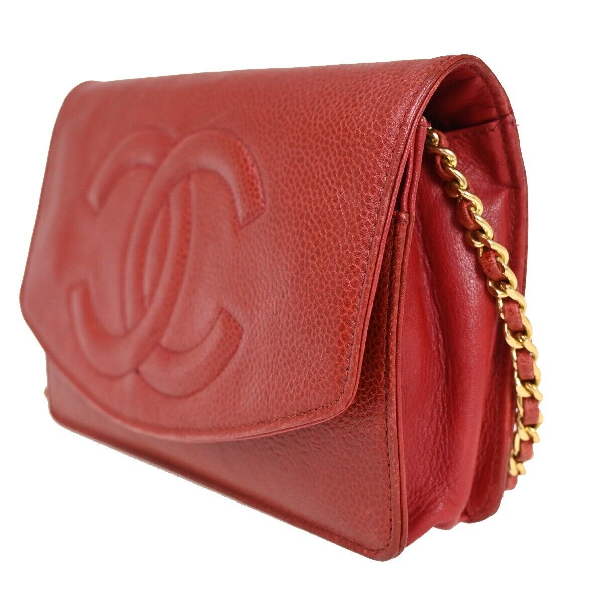 CHANEL CC Logo Chain Shoulder Bag Bifold Wallet Caviar skin Leather Red 671RJ655
