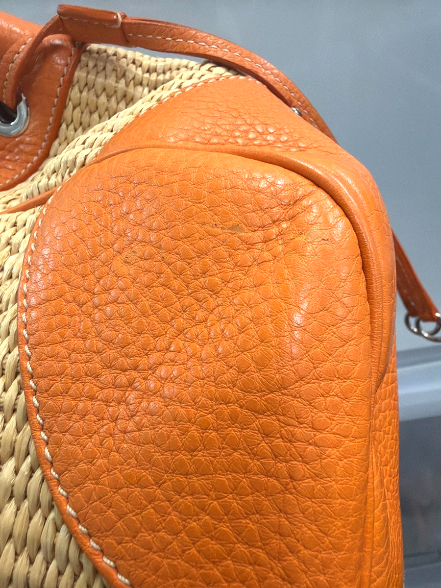 PRADA Logo Shoulder Bag Raffia Straw Leather Beige Orange SHW Italy 76YJ131