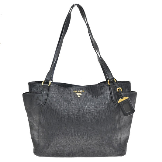 PRADA Logo Shoulder Tote Bag Leather Black Gold Made in Italy 93EE830