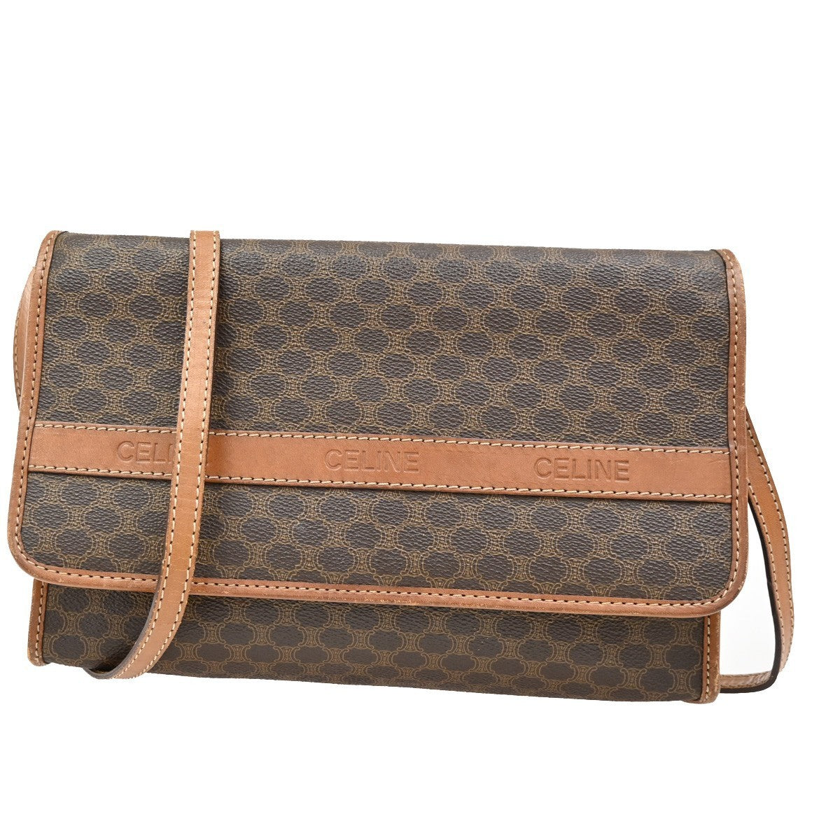 CELINE Logo Macadam Pattern 2Way Shoulder Bag PVC Leather Brown Italy 65KB548