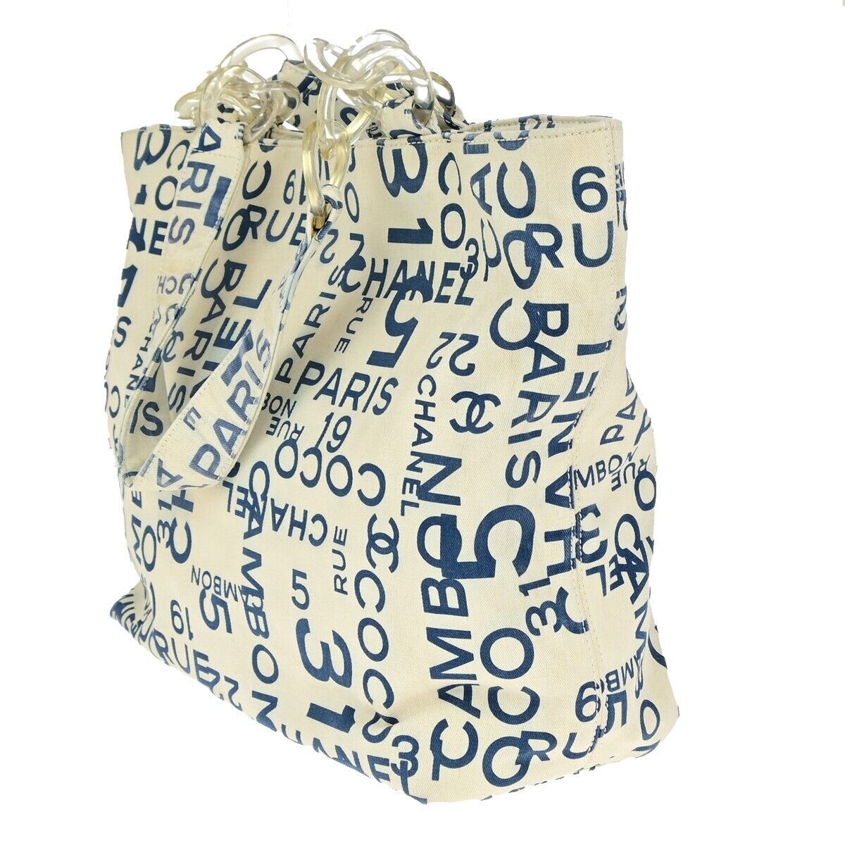 CHANEL Logo By Sea Shoulder Tote Bag Canvas Leather White Blue Italy 85EC913