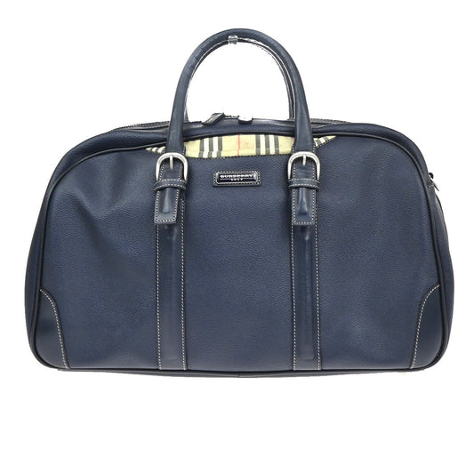 28.Live BURBERRY Golf Nova Check Pattern Boston Bag PVC Leather Navy 05CB019