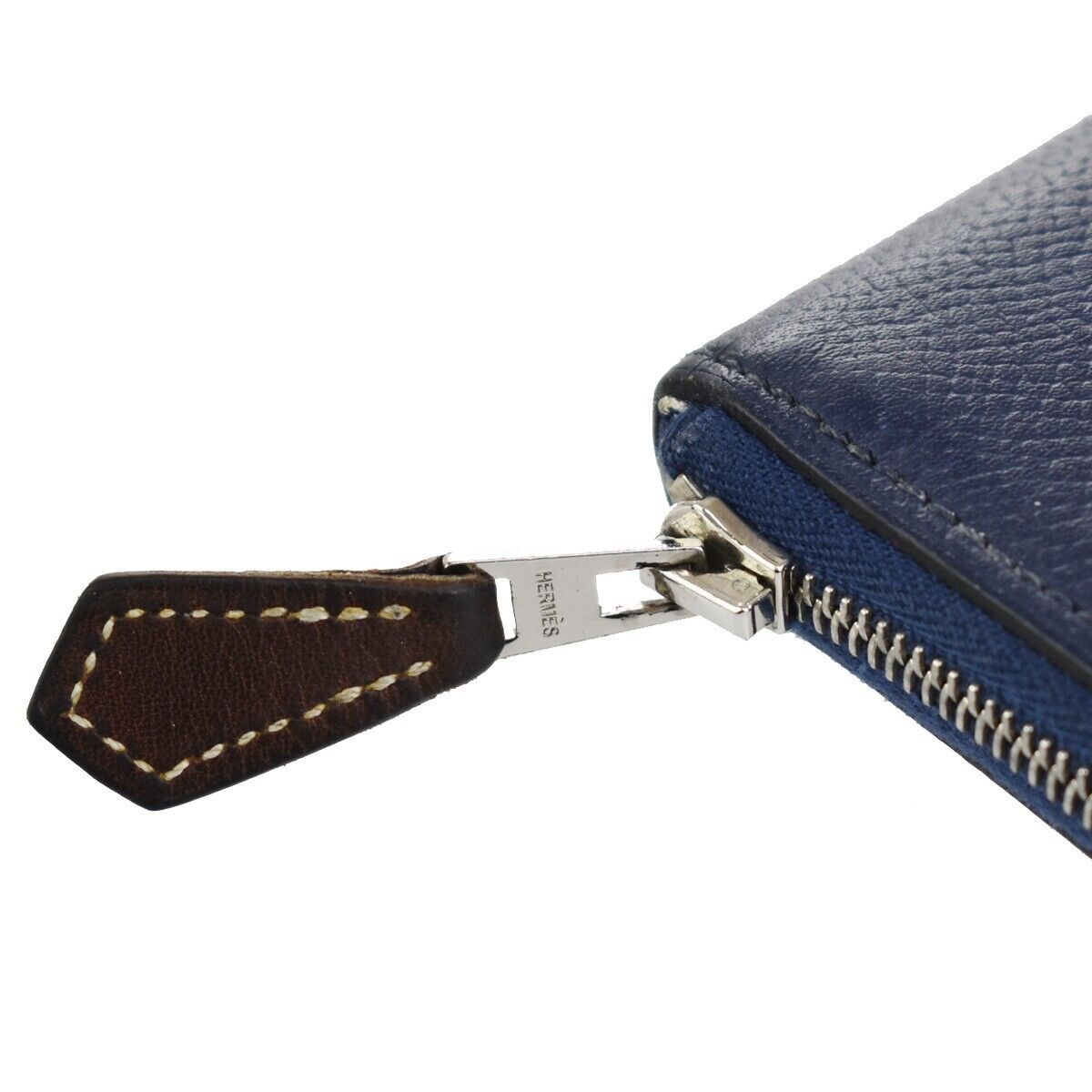 HERMES Azap Silk In Long Zipper Bifold Wallet Purse Leather Blue Silver 37JH641