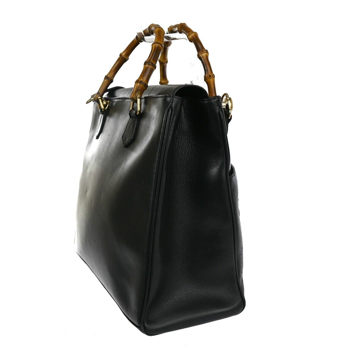 GUCCI Logo Bamboo 2Way Shoulder Hand Bag Leather Black Gold Italy 01DA076