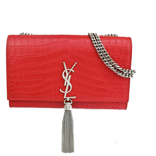 SAINT LAURENT YSL Kate Tassel Chain Shoulder Bag Embossing Leather Red 618RJ528