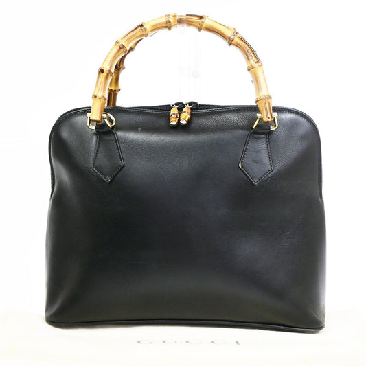32.Live GUCCI Logo Bamboo Tote Shoulder Handbag Leather Black Italy GHW 60CB036