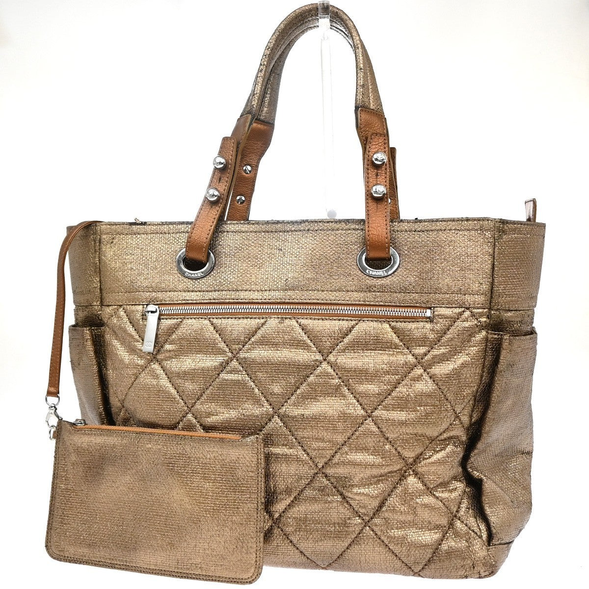CHANEL CC Paris Biarritz Shoulder Bag Coating Canvas Leather Bronze 603RF988