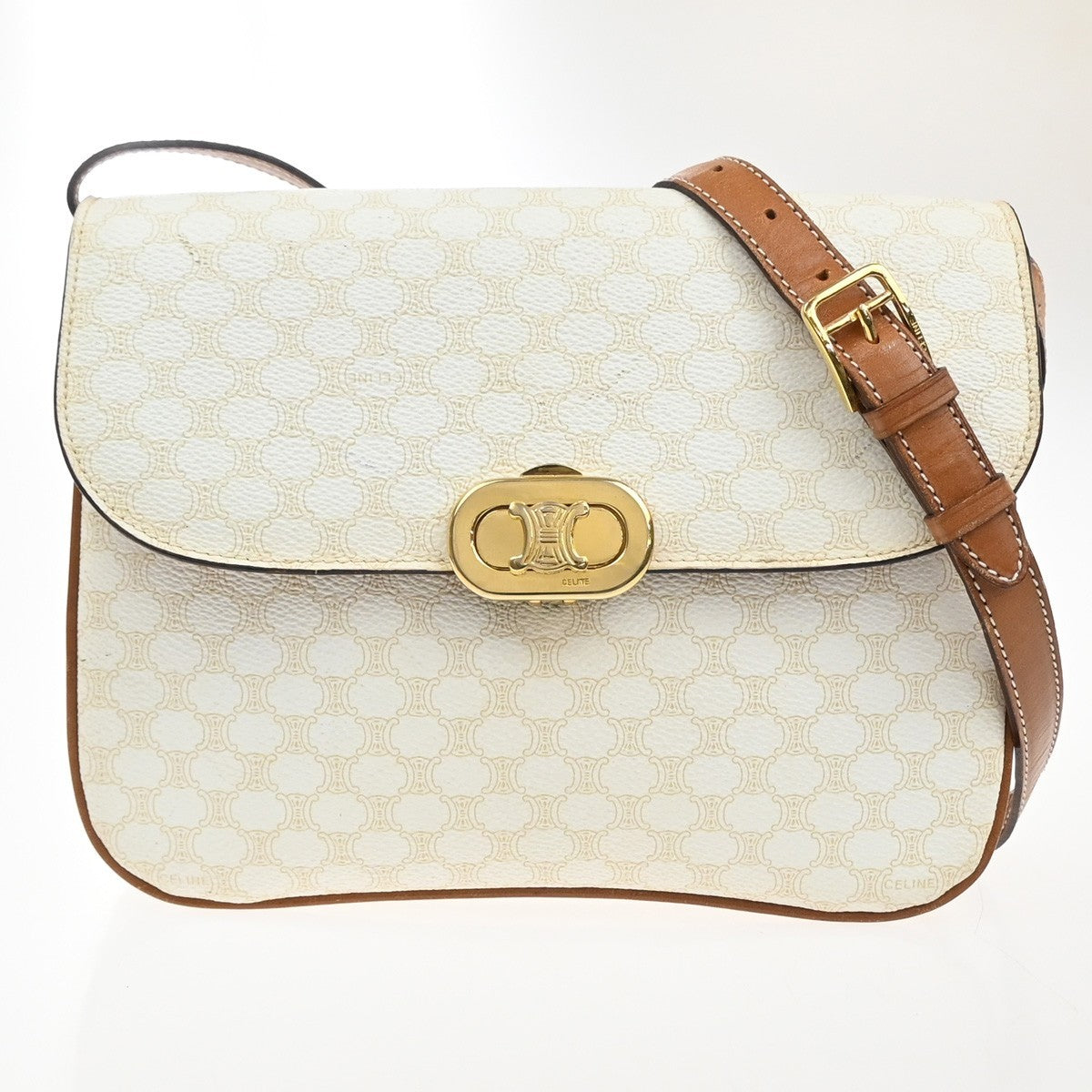 CELINE Macadam Pattern Crossbody Shoulder Bag PVC Leather White Brown  87KC778