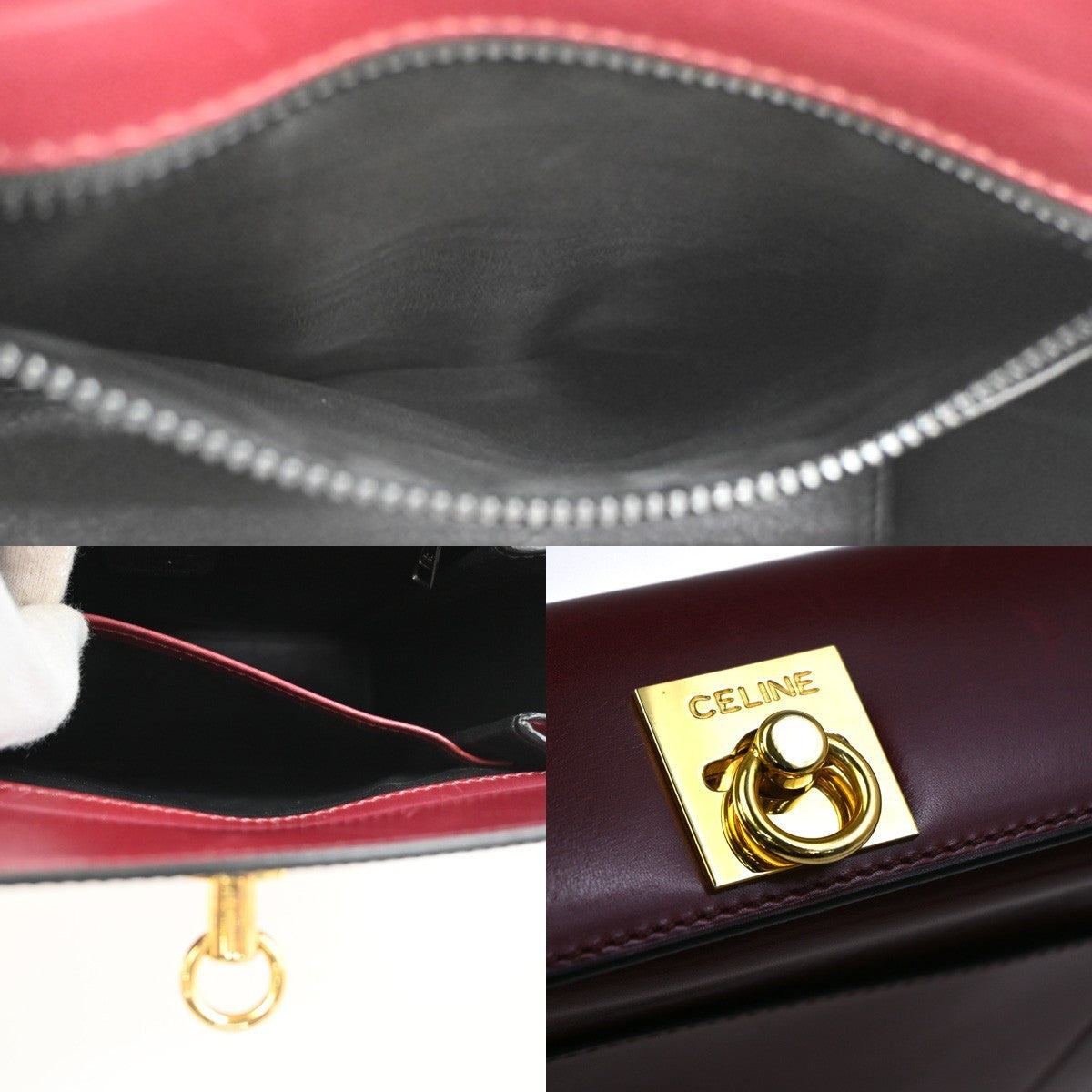 CELINE Logo Ring Shoulder Box Bag Leather Burgundy Italy GHW 38CA859