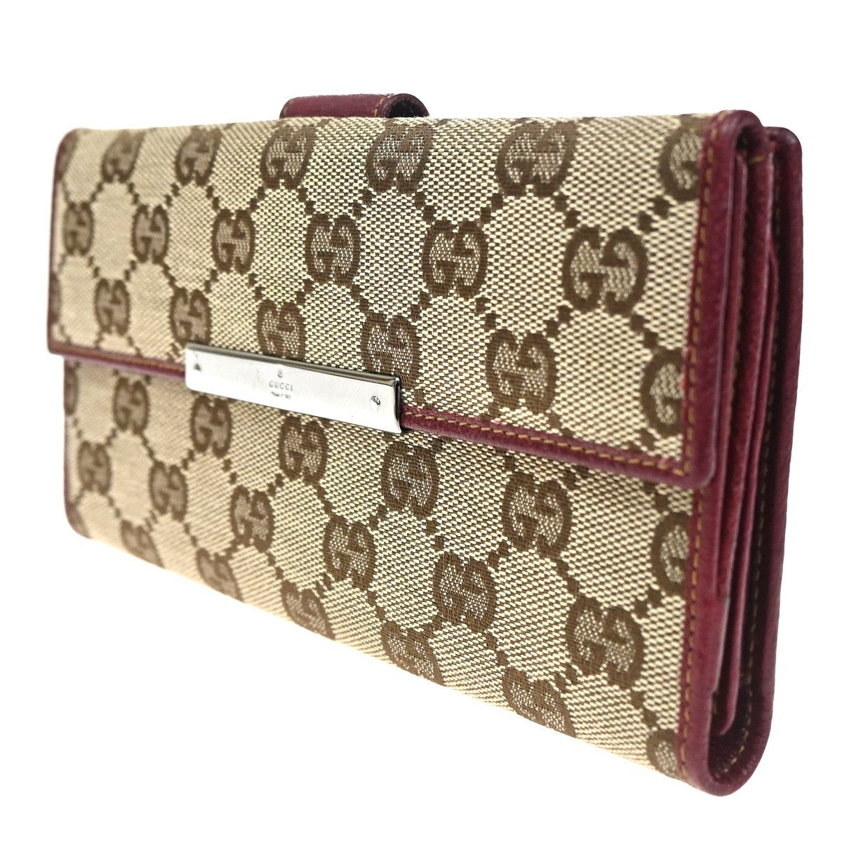 GUCCI GG Biifold Long Wallet Canvas Leather Red Beige SHW Italy 88KD057