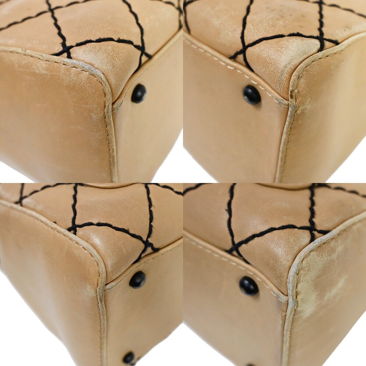 CHANEL CC Logo Wild Stitch Hand Tote Bag Leather Beige Black Italy 11SH052