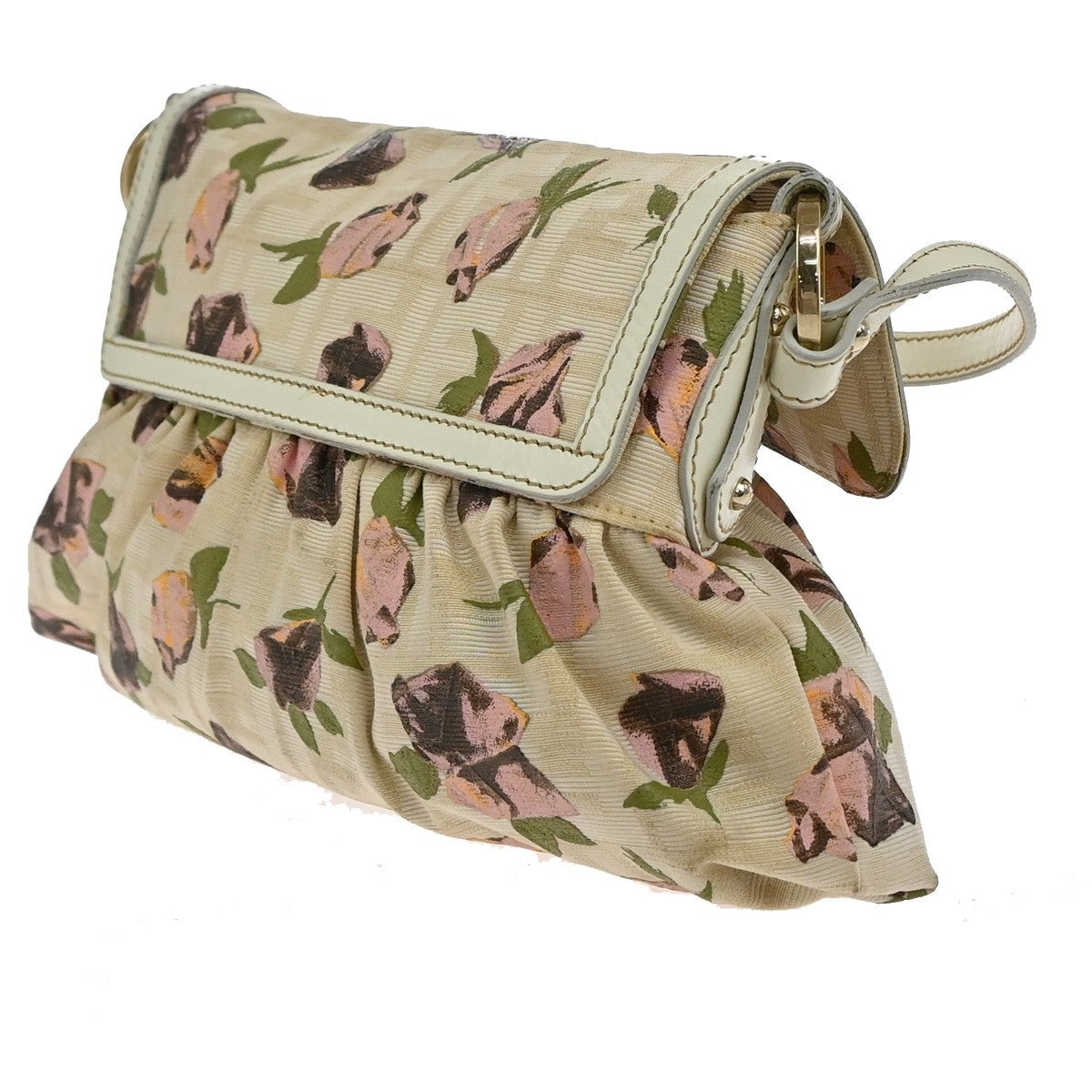 FENDI Logo Zucca Pattern Flower Hand Bag Canvas Leather Beige Pink Italy 88KB429