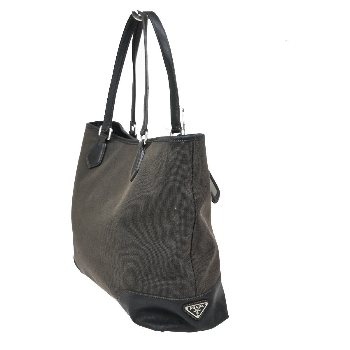 PRADA Logo Jacquard Shoulder Hand Bag Canvas Leather Brown Black GHW 64ZA263