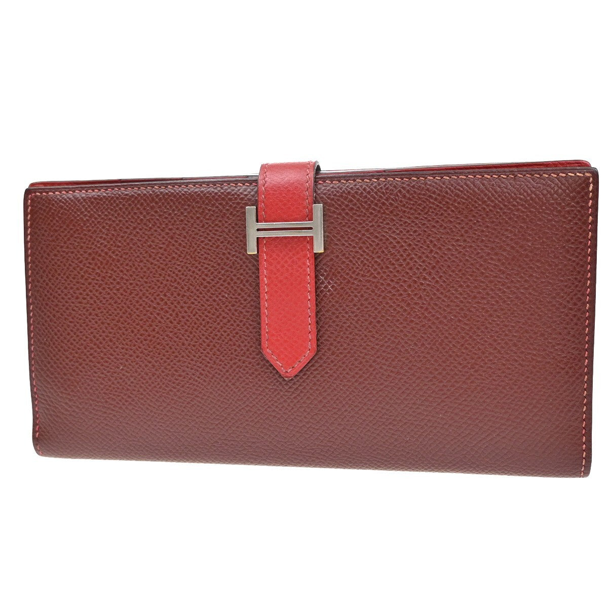 HERMES Logo Bearn Bicolor Long Bifold Wallet Leather Red Burgundy SHW 96RF294