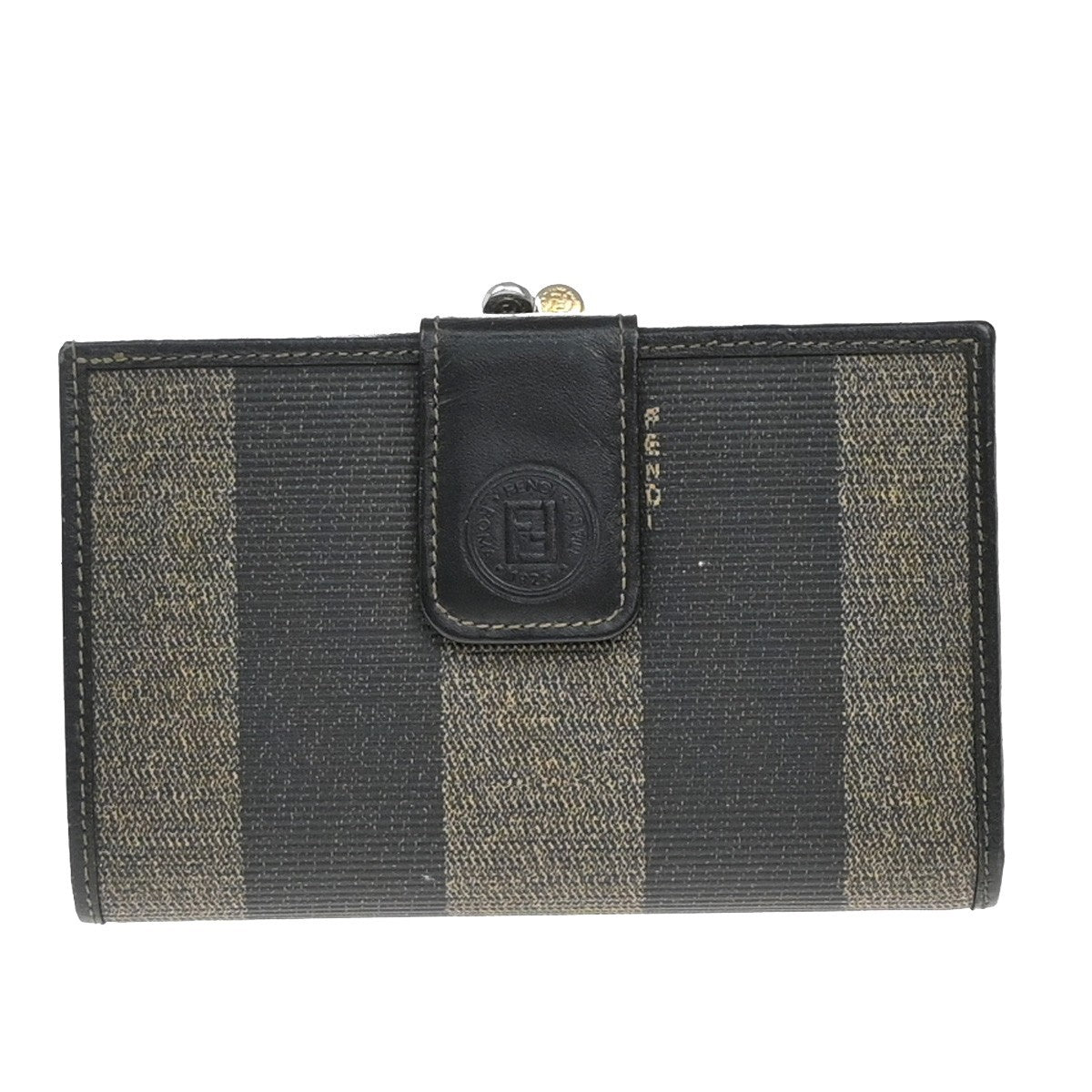 FENDI Logo Pequin Pattern Bifold Comapct Wallet PVC Leather Brown Italy 07EF564