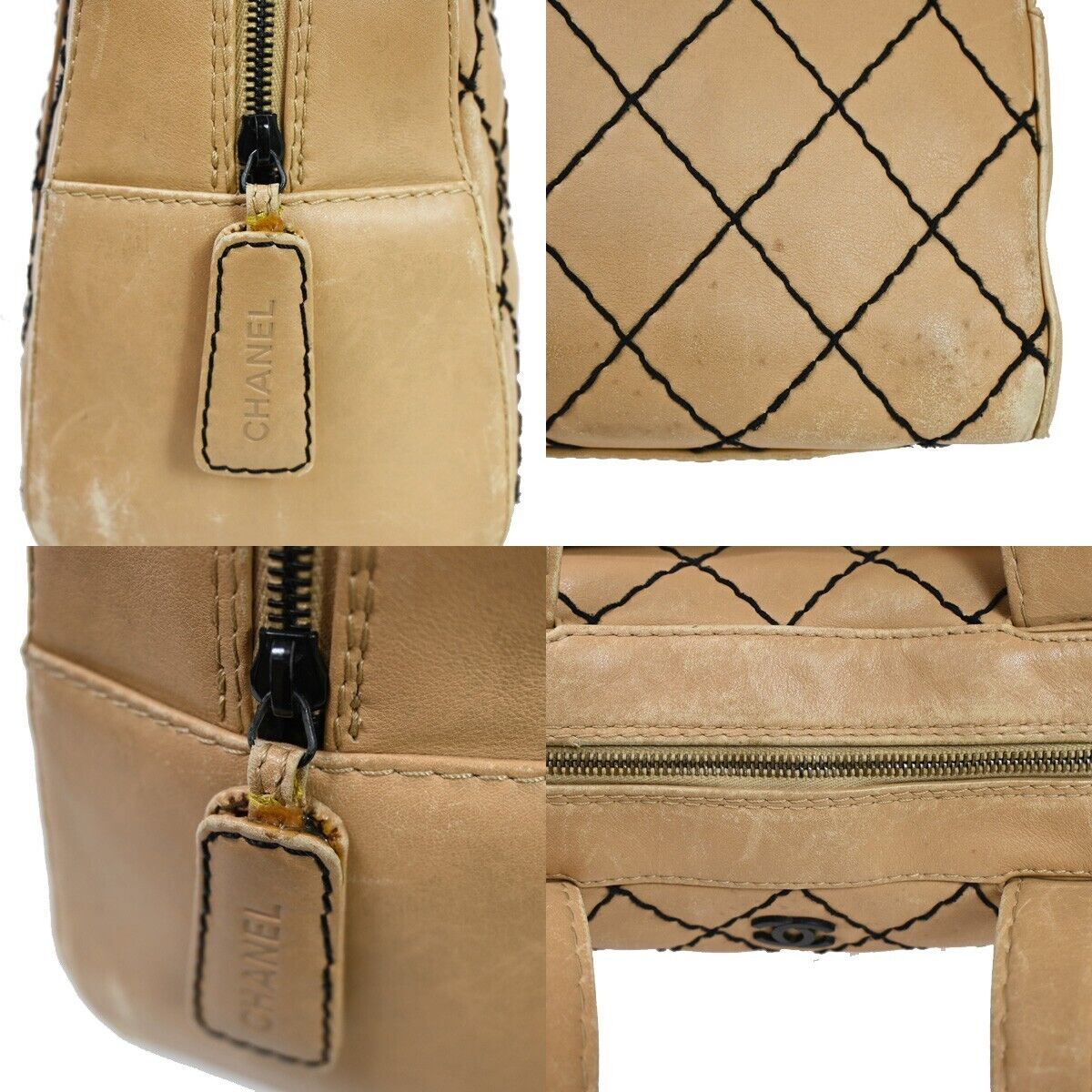 CHANEL CC Logo Wild Stitch Hand Tote Bag Leather Beige Black Italy 11SH052