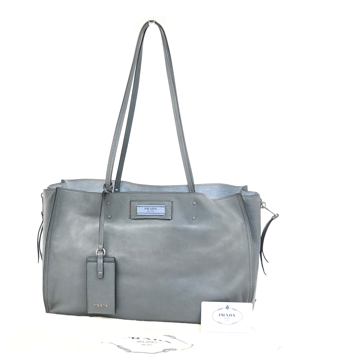 PRADA Logo Shoulder Tote Bag Glace Calf Leather Blue Marine SHW Italy 15KC780