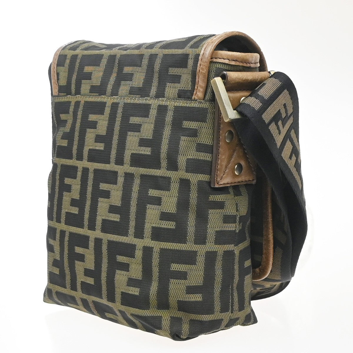 FENDI FF Logo Zucca Pattern Shoulder Bag Canvas Leather Khaki GHW Italy 71MA559