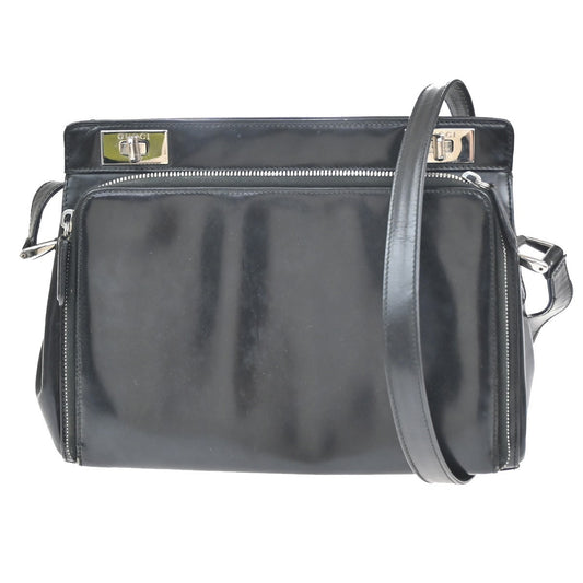 33.Live GUCCI Logo Crossbody Shoulder Hand Bag Leather Black SHW Italy 09CB018