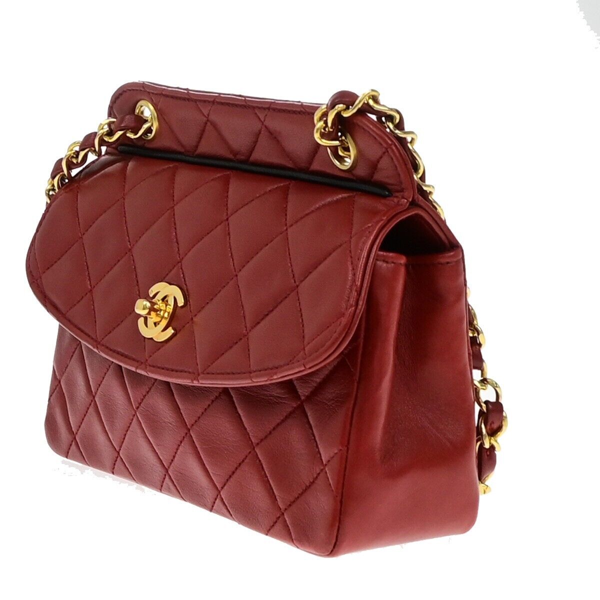 CHANEL CC Logo Mini Matelasse Chain Shoulder Bag Leather Red Vintage 310RF238