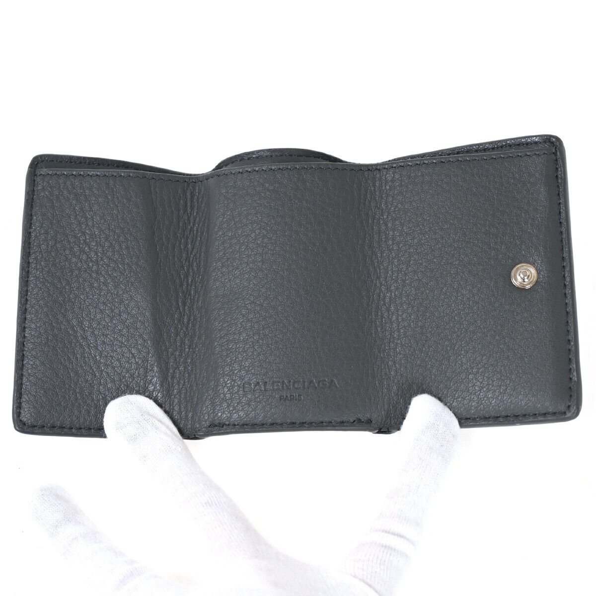 BALENCIAGA Logo Paper Mini Trifold Wallet Purse Leather Gray SHW Italy 67HB259