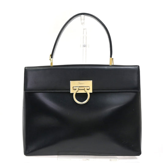 SALVATORE FERRAGAMO Logo Gancini Hand Bag Leather Black GHW Italy 62ZA115
