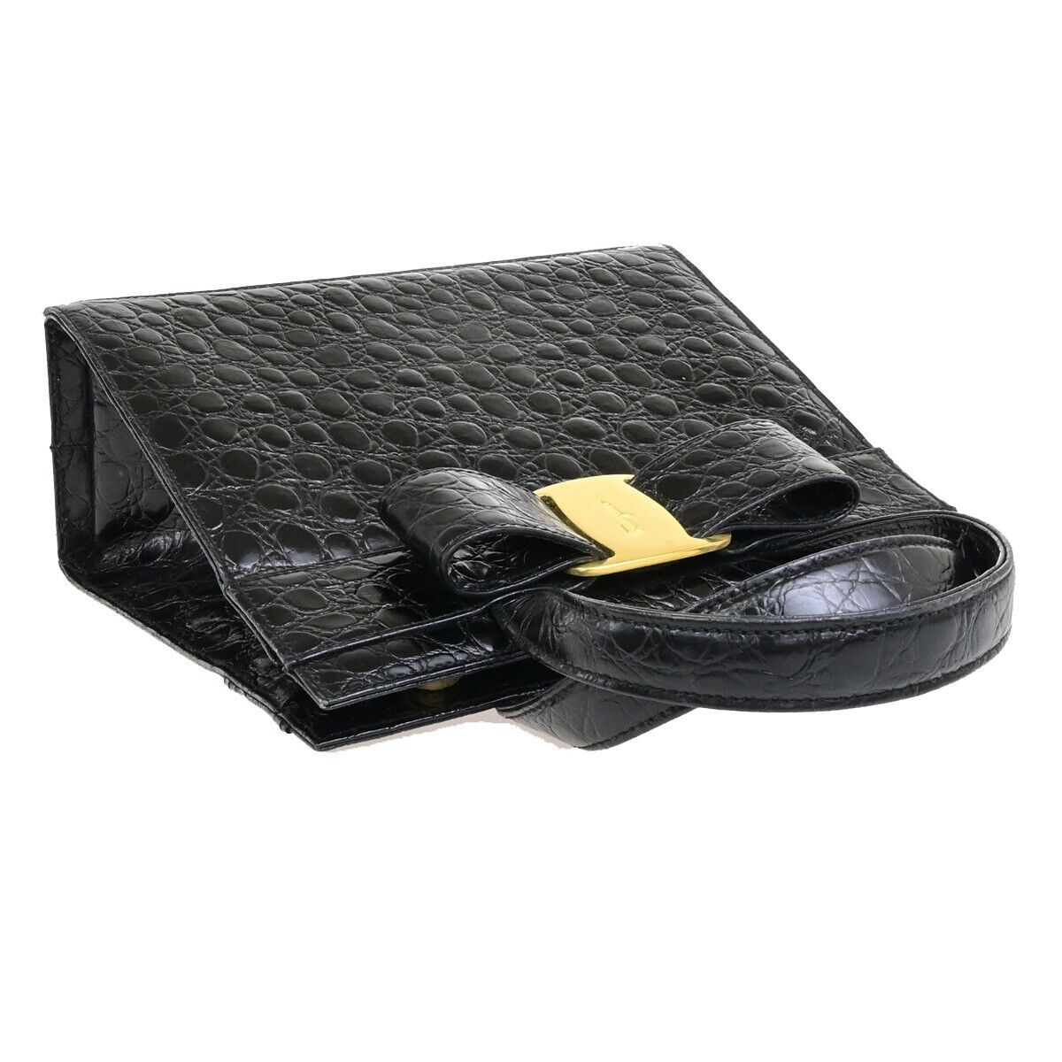 SALVATORE FERRAGAMO Logo Vara Hand Bag Embossing Leather Black Gold 32FA281