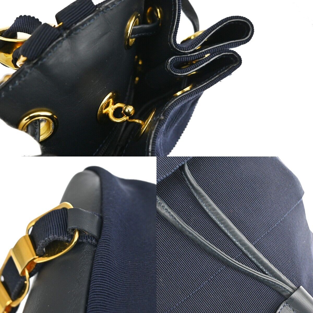 SALVATORE FERRAGAMO Vara Chain Backpack Bag Canvas Leather Navy Blue GHW 68YD430