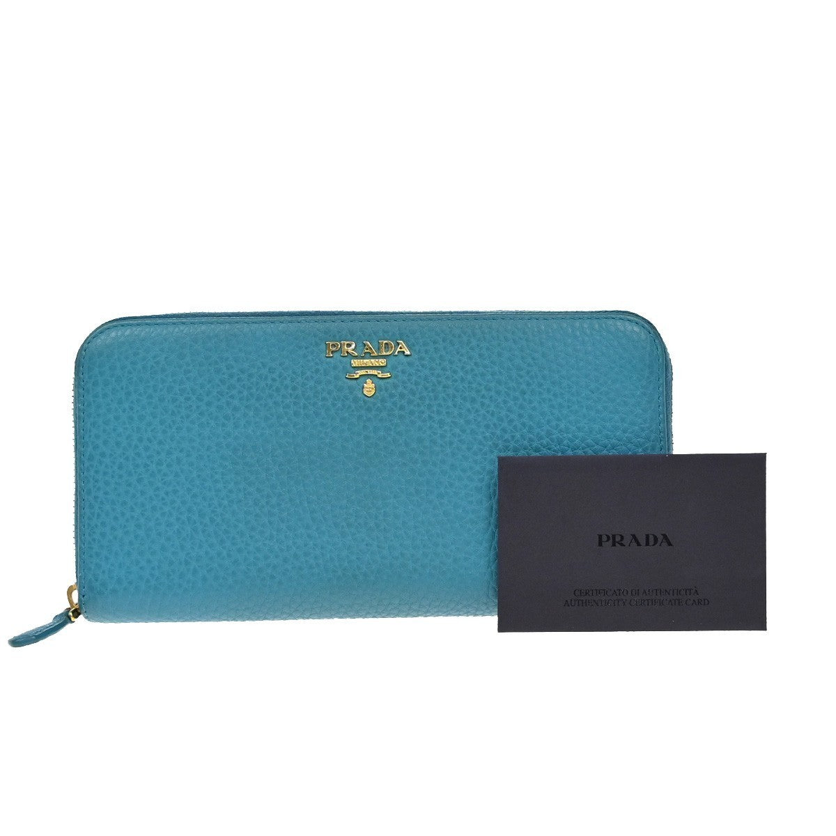 PRADA Logo Long Zipper Around Wallet Vitello Grain Leather Blue Italy 30KB104