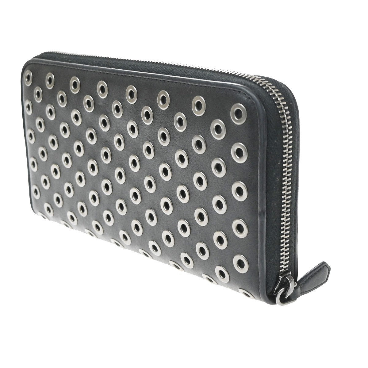 PRADA Bifold Zipper Around Long Grommet Wallet Leather Black Italy 68KD161