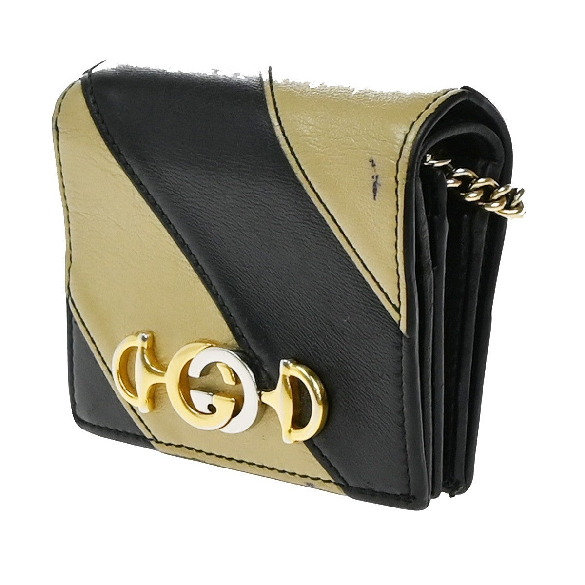 GUCCI GG Logo Zumi Chain Compact Wallet Leather Black Beige 60EG391