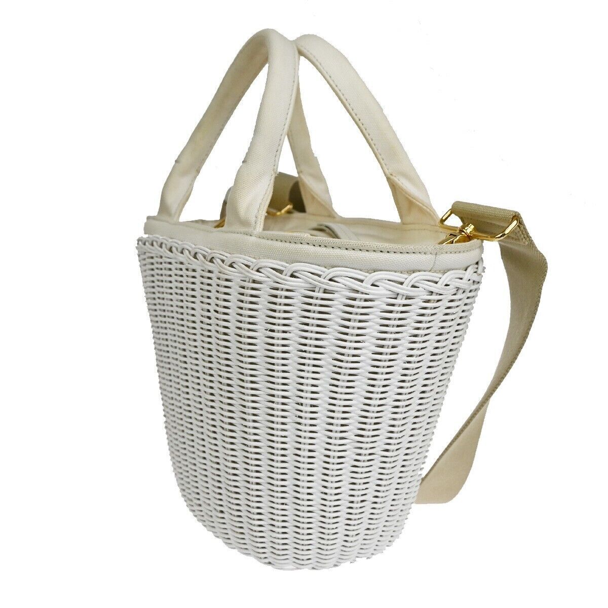 PRADA Logo Midollino Wicker 2Way Shoulder Hand Bag Canvas Leather White 686RH260