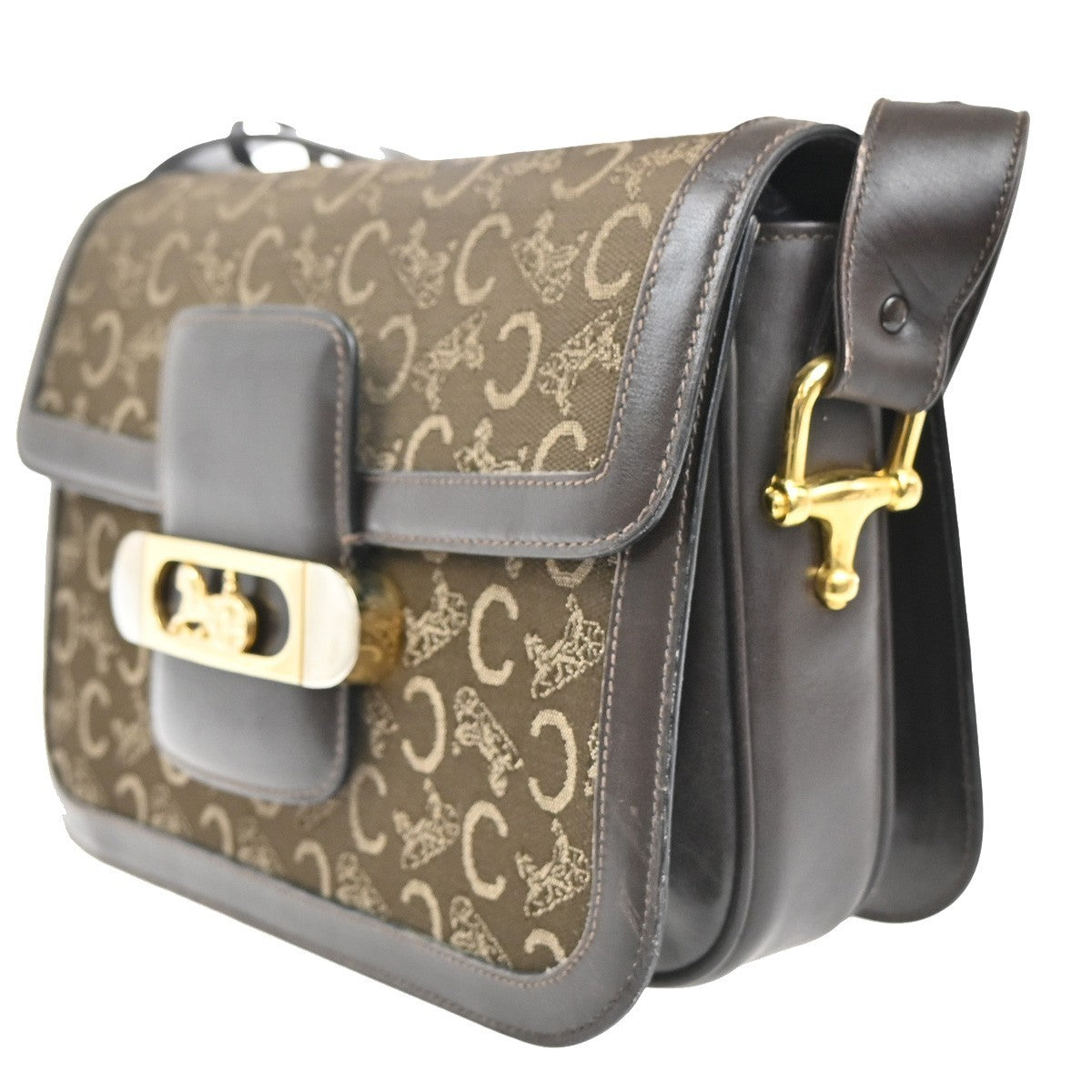 CELINE Logo C Macadam Horse Carriage Shoulder Bag Canvas Leather Brown 34KP553