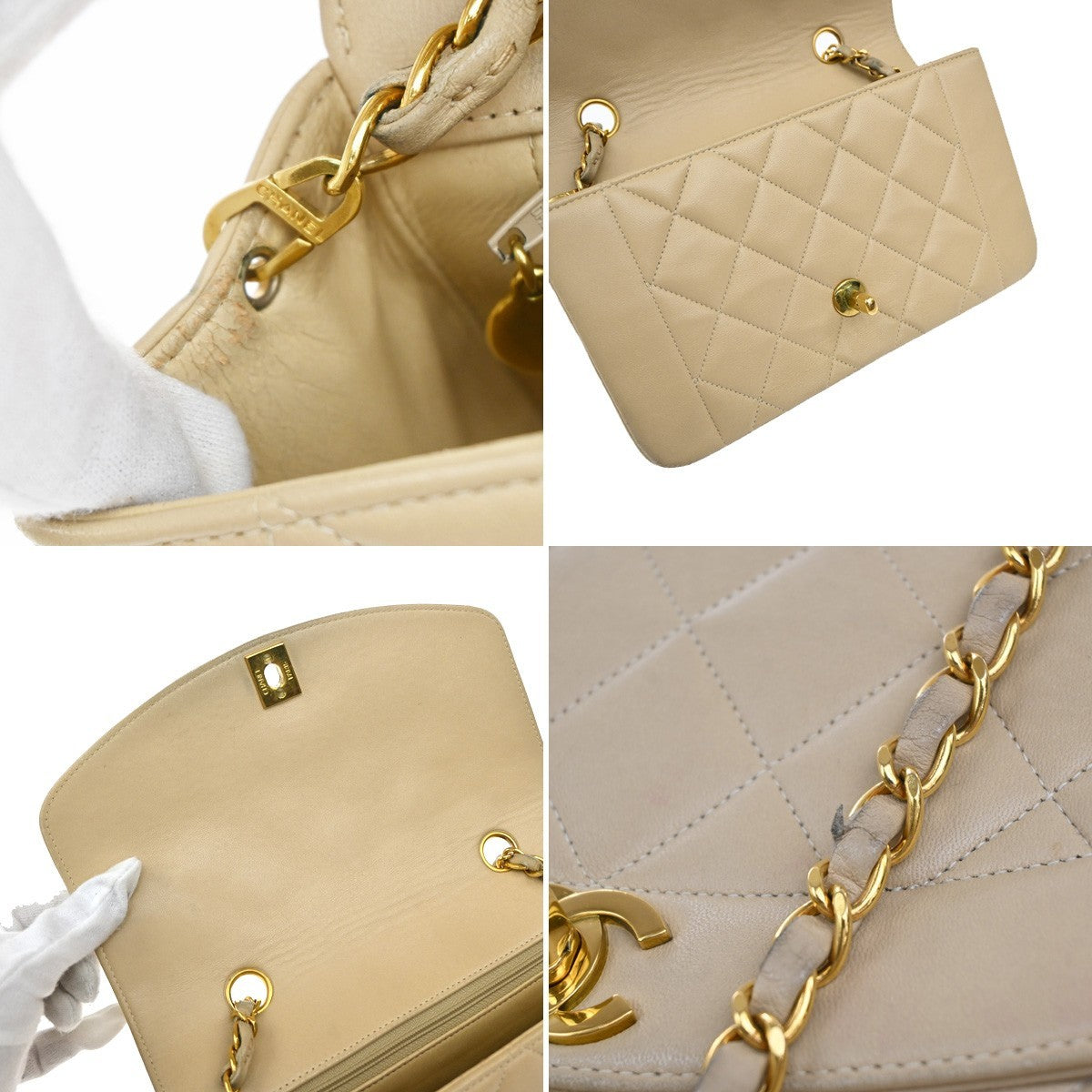 CHANEL CC Diana Matelasse 22 Chain Shoulder Bag Leather Beige Vintage 397RF995