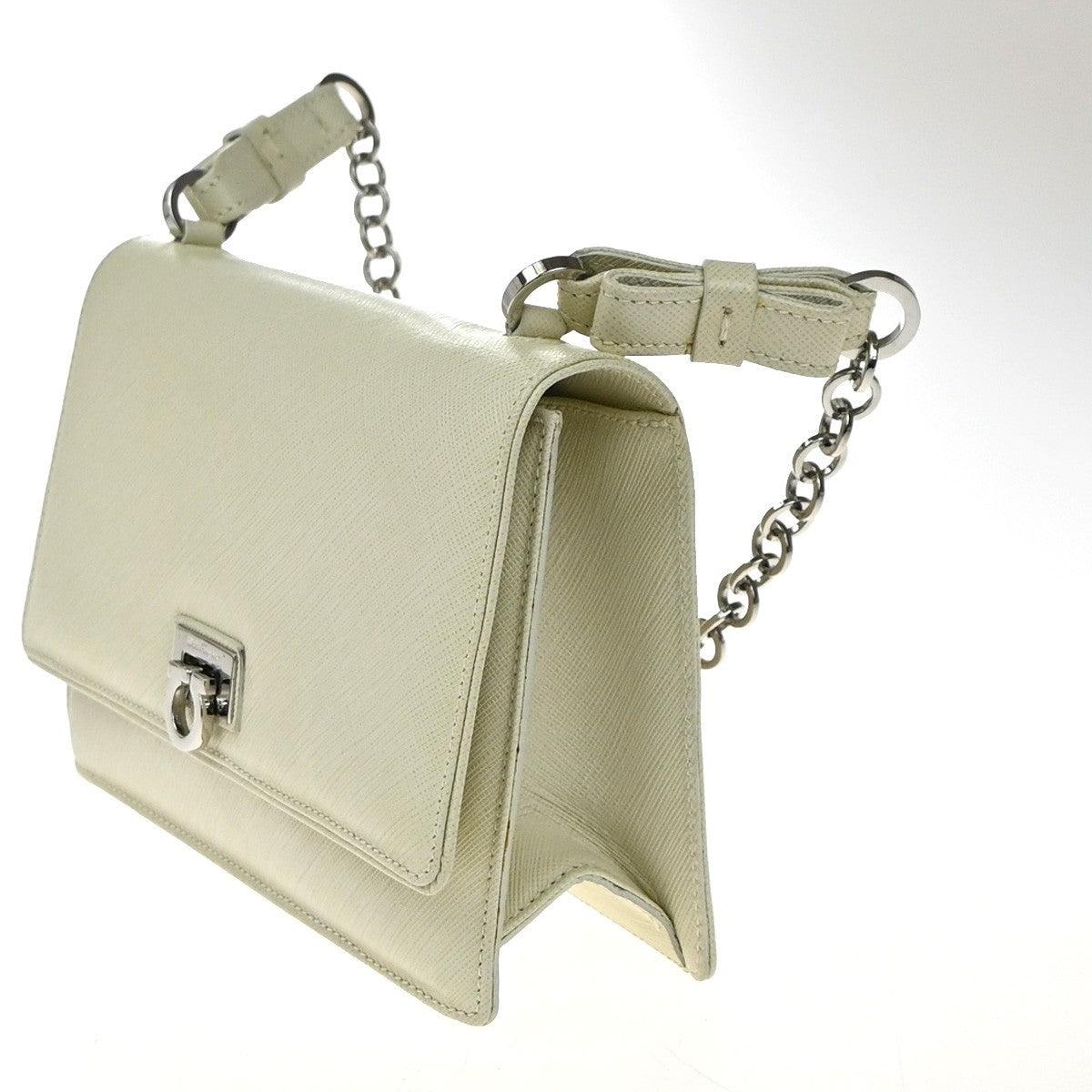 SALVATORE FERRAGAMO Gancini Chain Mini Shoulder Bag Leather White SHW 63KP530