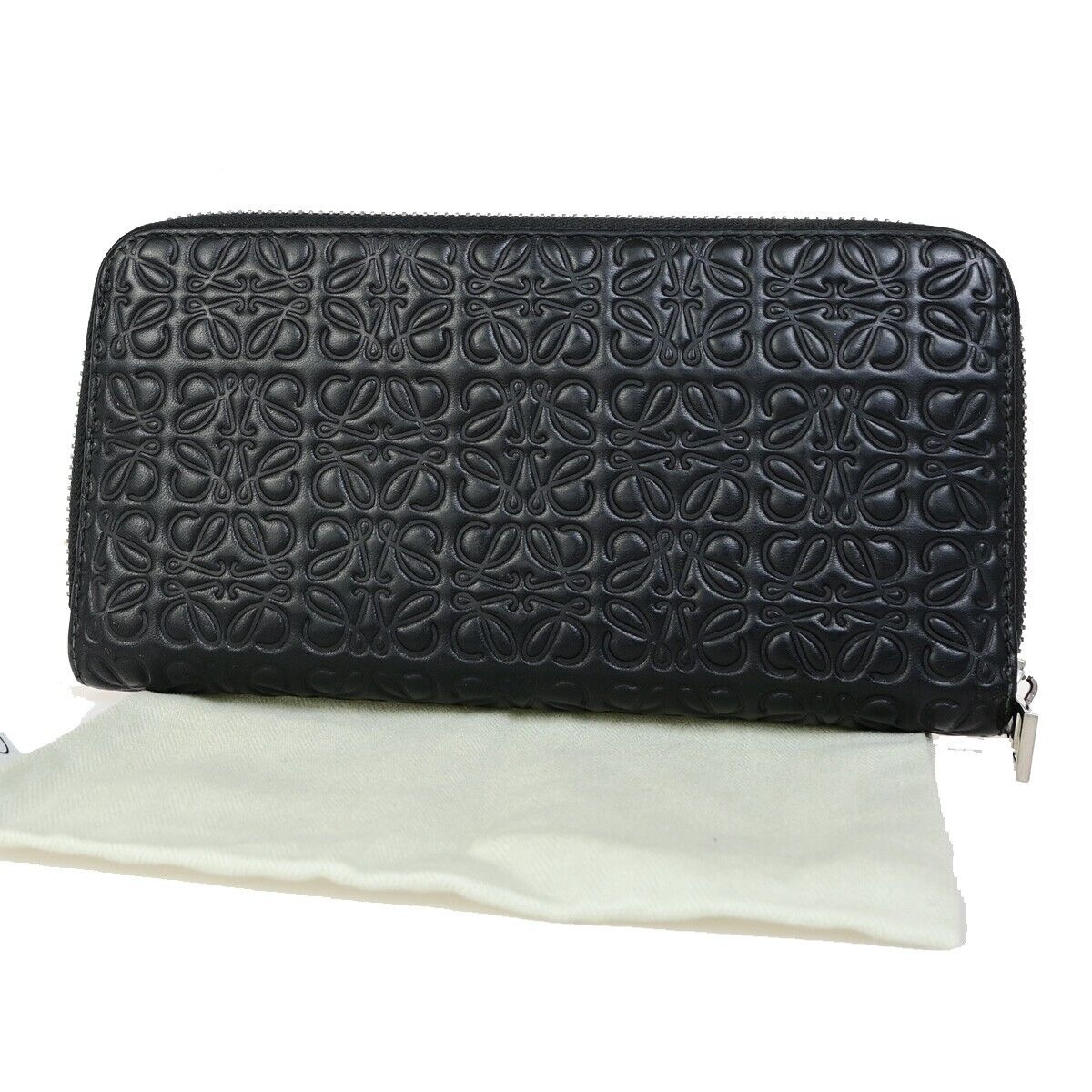 LOEWE Logo Anagram Long Zipper Wallet Embossed Leather Black Spain 69FB177