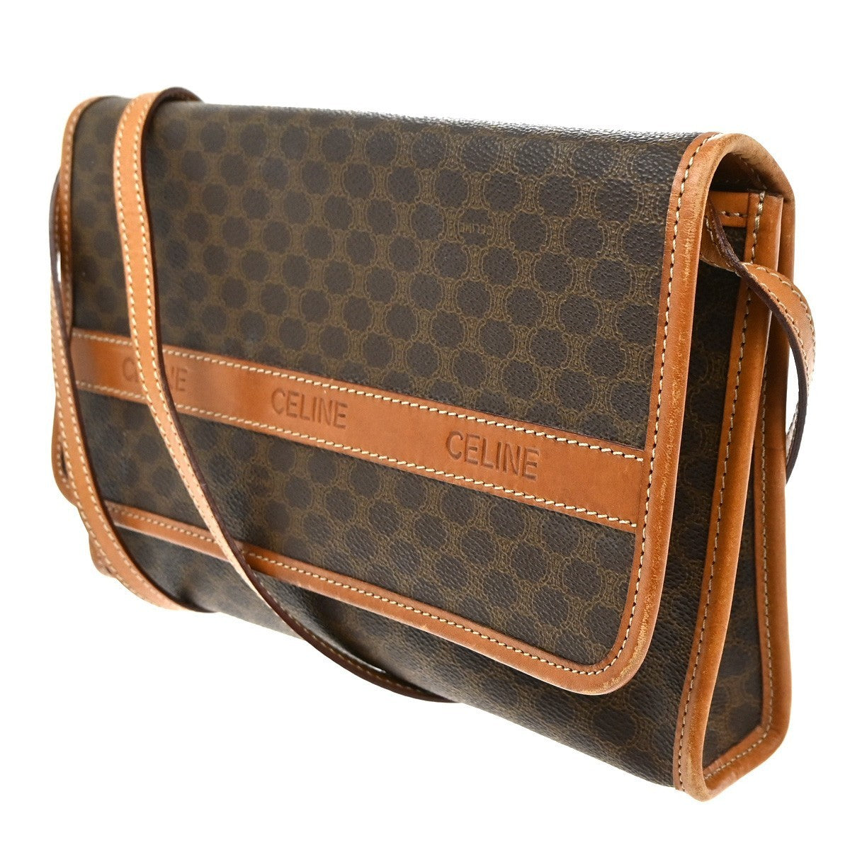 CELINE Logo Macadam Pattern 2Way Shoulder Clutch PVC Leather Brown Italy 30CA499
