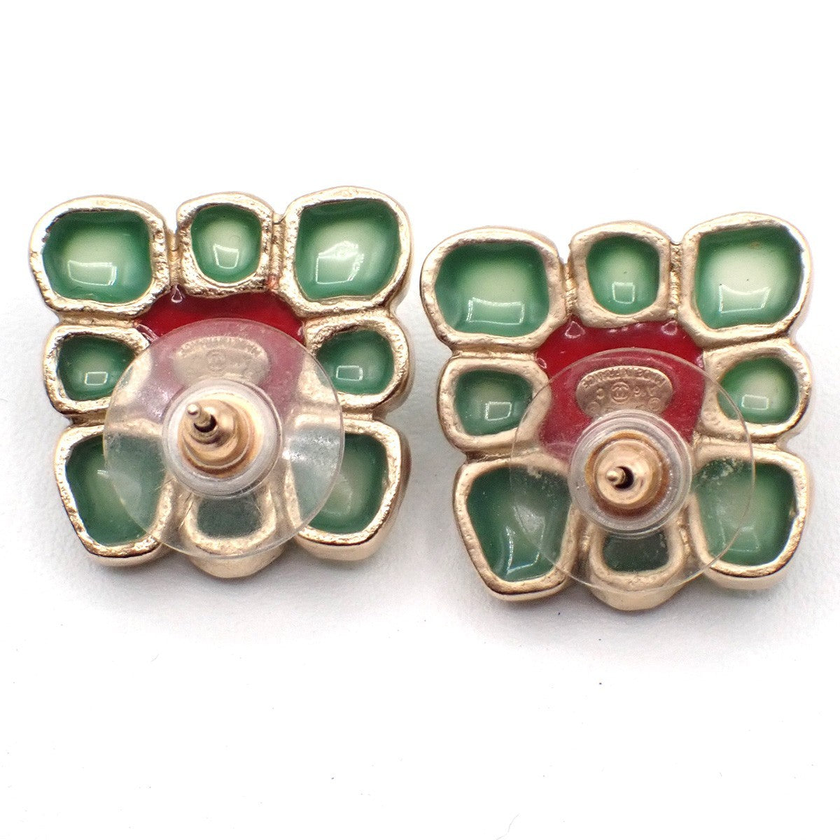 CHANEL CC Logo Button Square Pierce Earrings Gripoix A16C GHW France 86RL679