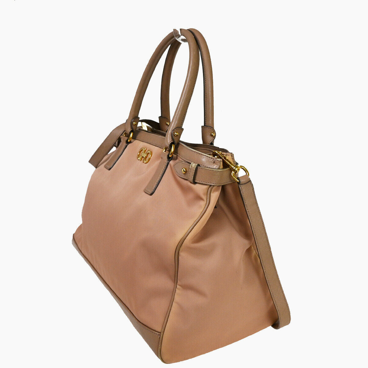 SALVATORE FERRAGAMO Gancini 2way Shoulder Bag Nylon Leather Pink Beige 66YE151