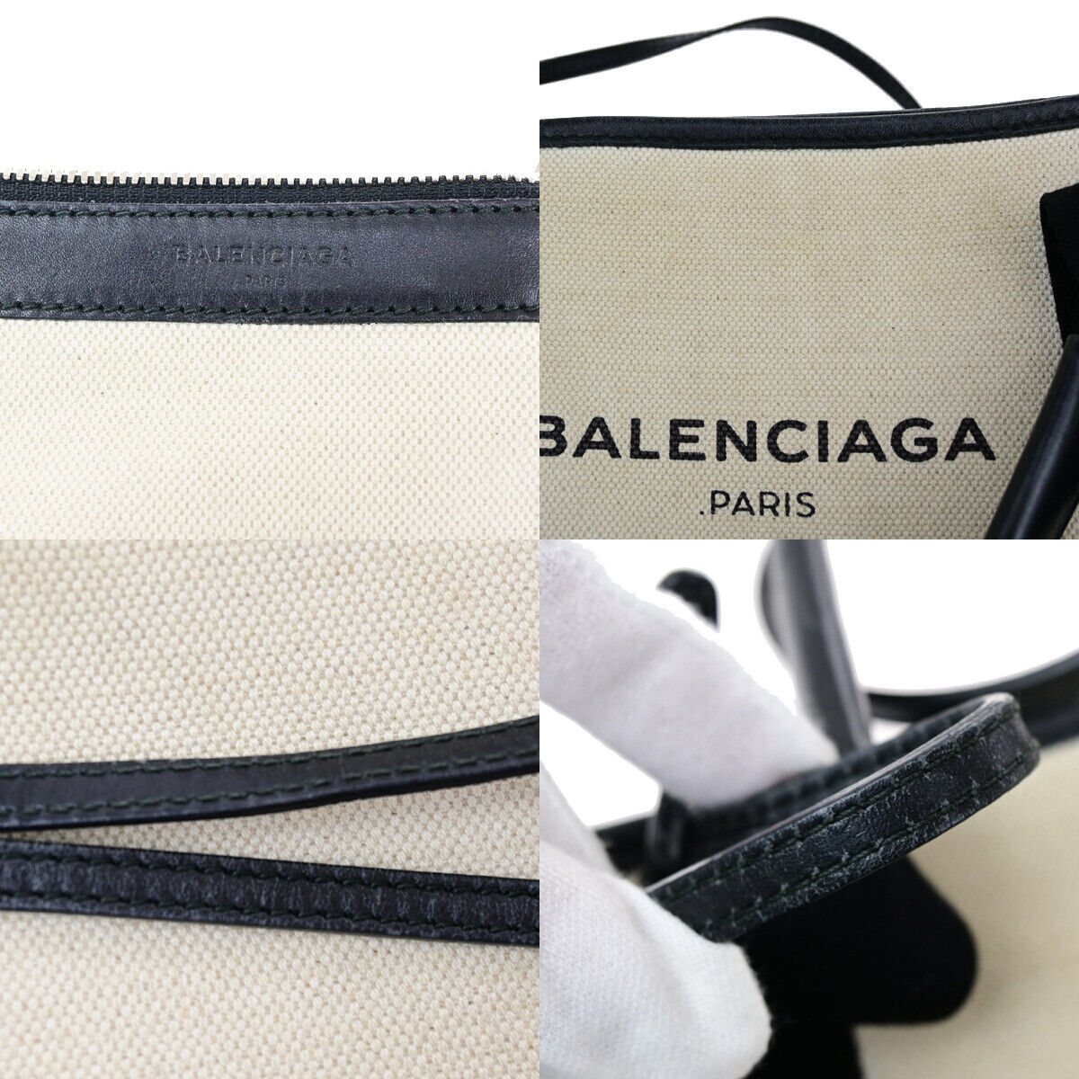 BALENCIAGA Navy Cabas XS 2Way Shoulder Hand Bag Canvas Leather Ivory BK 69YE661