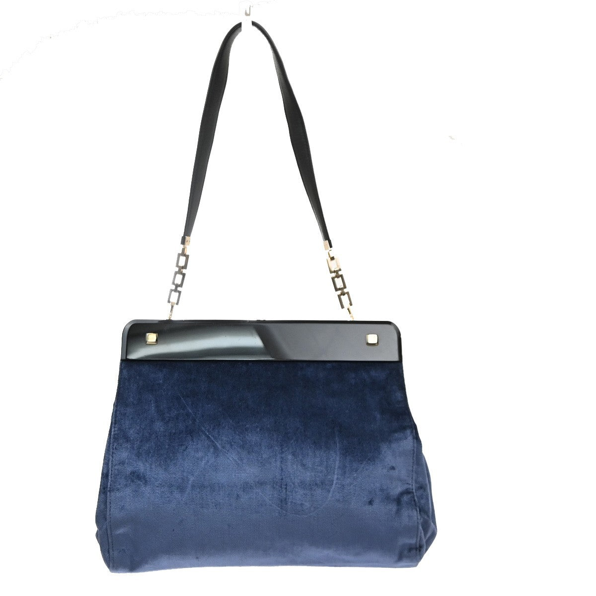 SALVATORE FERRAGAMO Logo Chain Shoulder Bag Velvet Leather Blue GHW 62MA634