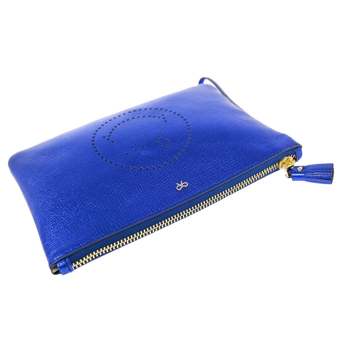 ANYA HINDMARCH Logo Smiley Wink Fringe Mini Clutch Hand Bag Leather Blue 02HB219
