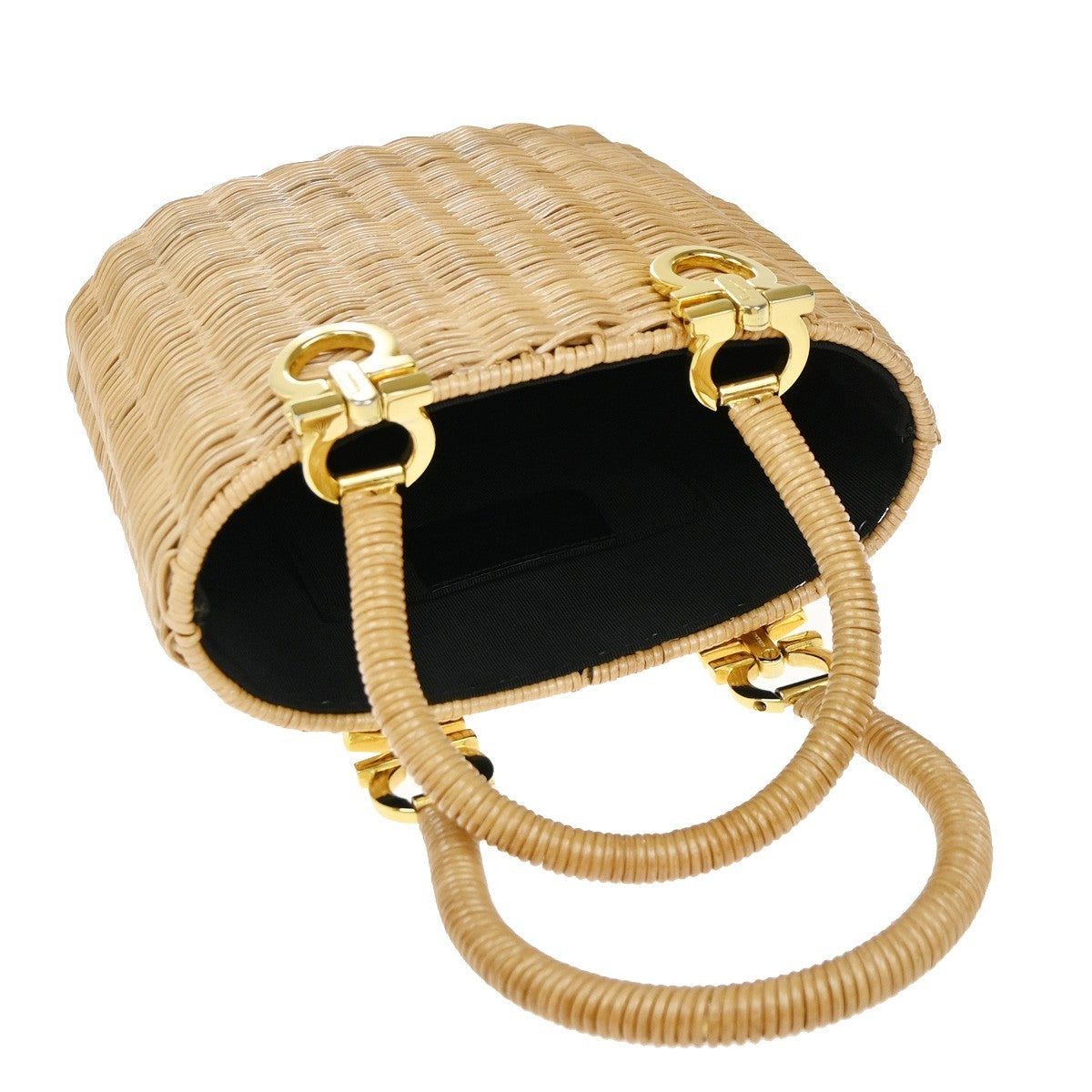 SALVATORE FERRAGAMO Logo Gancini Basket Hand Bag Rattan Brown GHW 28RP146