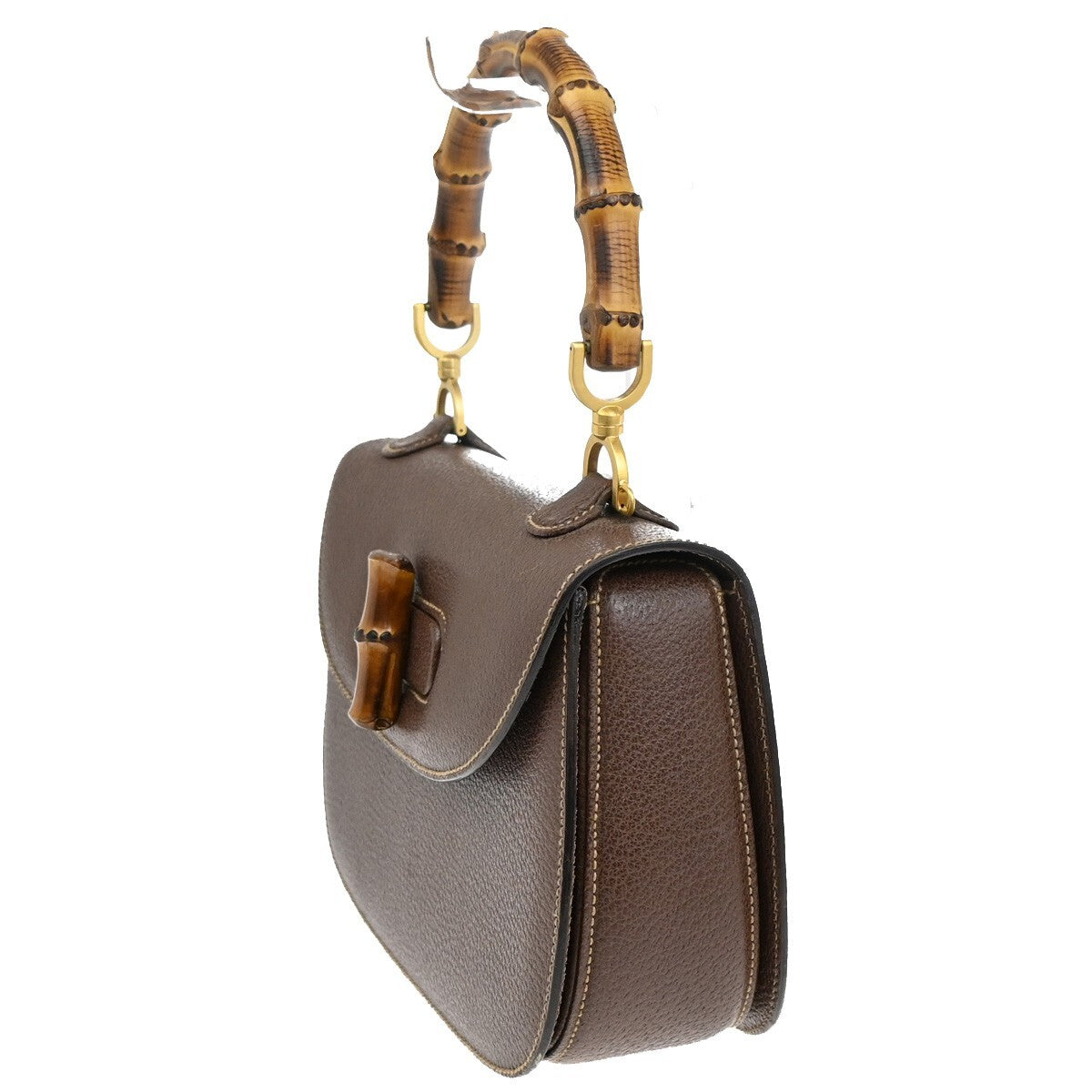 GUCCI Logo Bamboo Top Handle Hand Bag Leather Brown Gold Italy 52EE415